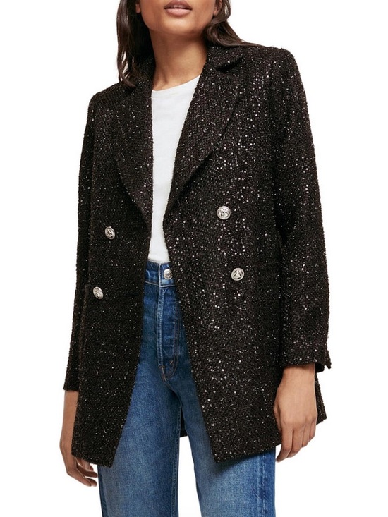 Maje Jackets & Blazers - Maje Venatelli Blazer Black Sequined Tweed Double-Breasted Size Large (40)